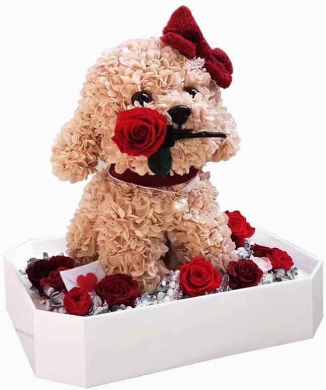 JoyFlower Cute Teddy Dog with Preserved Flowers, Eternal Real Rose & Hydrangea Romantic Gift for Girlfriend Wife Women Her on Christmas, Valentine's Day, Birthday, Wedding, Anniversary(Brown)
