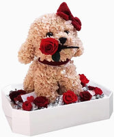 JoyFlower Cute Teddy Dog with Preserved Flowers, Eternal Real Rose & Hydrangea Romantic Gift for Girlfriend Wife Women Her on Christmas, Valentine's Day, Birthday, Wedding, Anniversary(Brown)