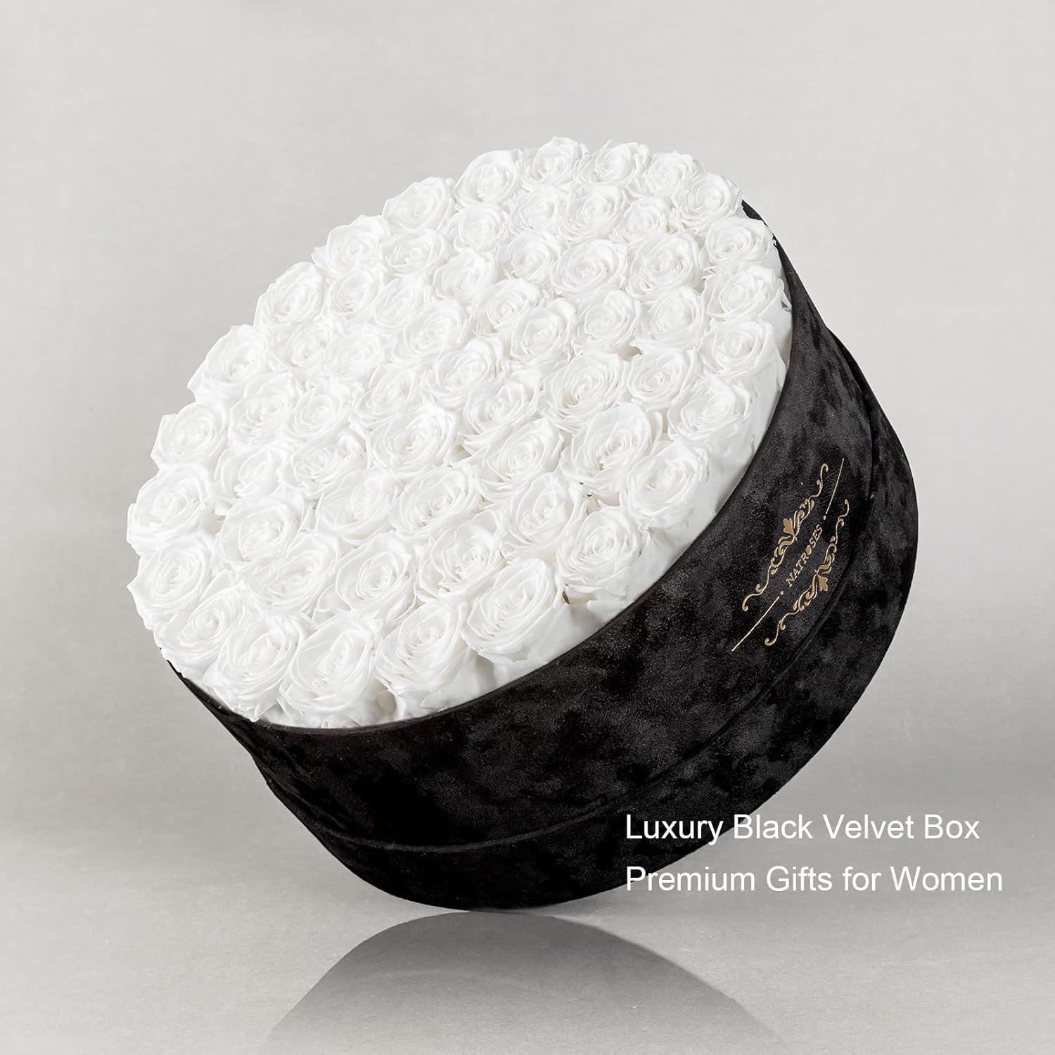 Gifts for Women – NATROSES 60 Preserved Roses in Luxury Black Velvet Box, Preserved Flowers for Delivery Gift for Her, Elegant Rose for Birthday, Mother’s Day, Christmas (White)