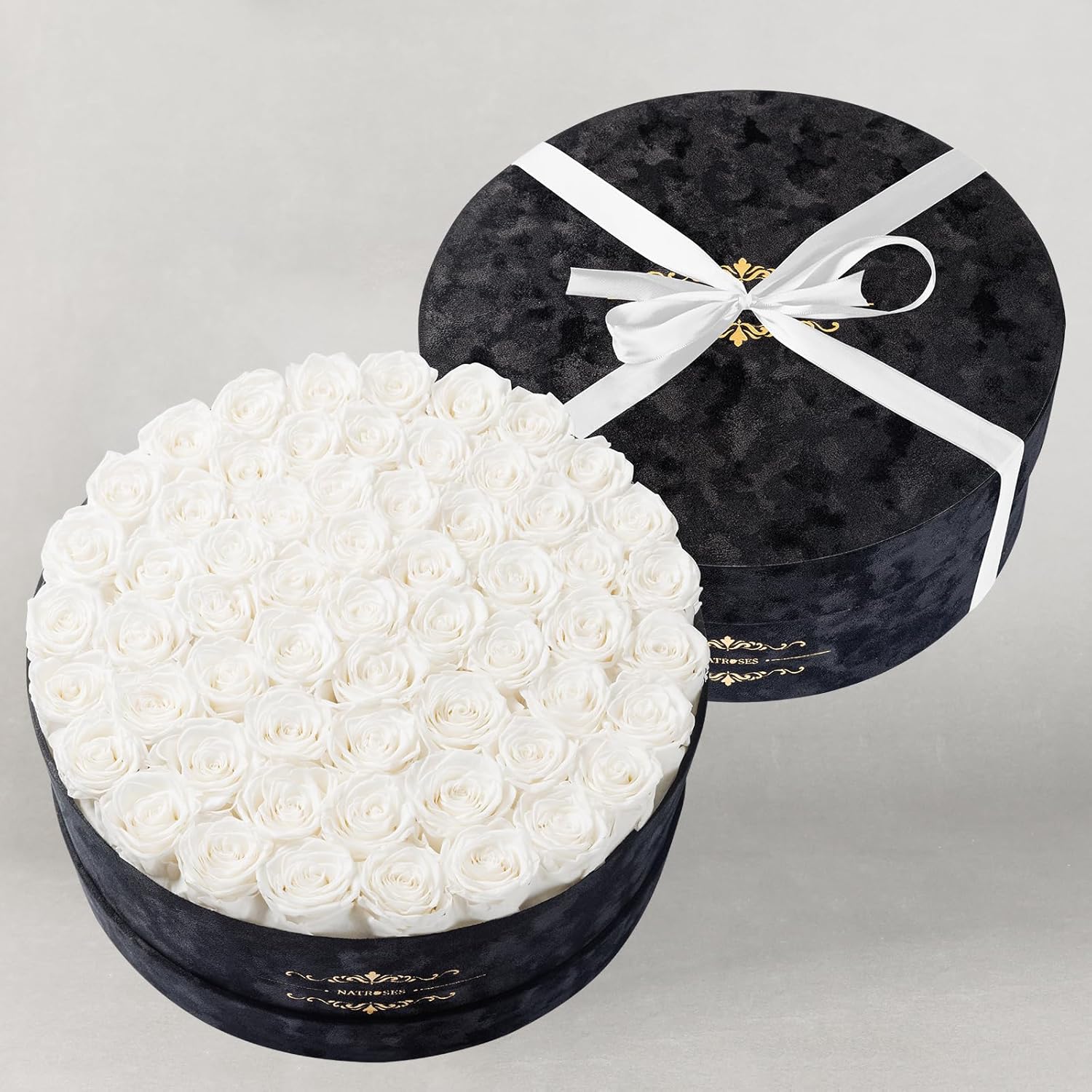 Gifts for Women – NATROSES 60 Preserved Roses in Luxury Black Velvet Box, Preserved Flowers for Delivery Gift for Her, Elegant Rose for Birthday, Mother’s Day, Christmas (White)