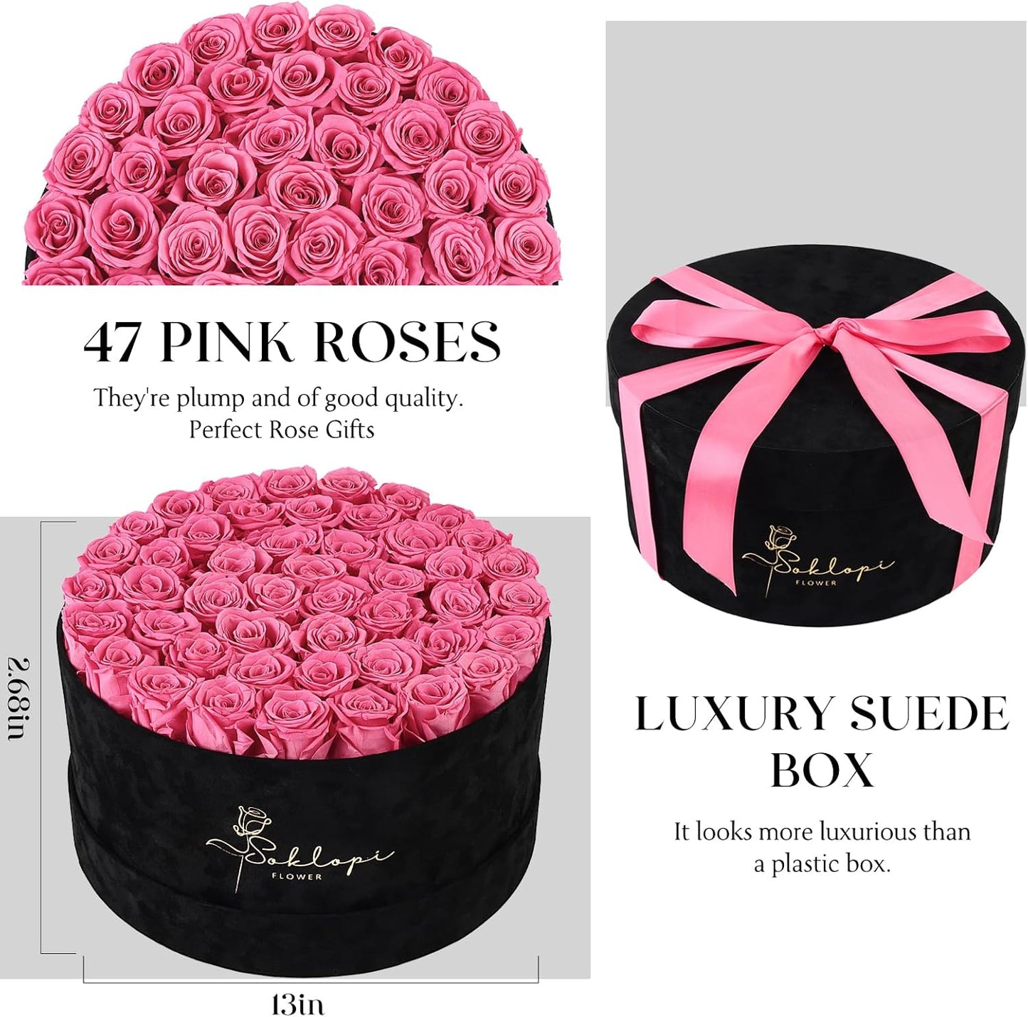 47 Forever Flowers Pink Roses Bouquet, Luxury Real Preserved Roses in a Box Forever Roses, Anniversary, Valentines Day,Proposal, Wedding, Birthday Gifts for Women, Mom, Girlfriend, Wife