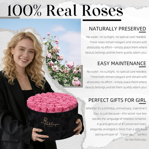 47 Forever Flowers Pink Roses Bouquet, Luxury Real Preserved Roses in a Box Forever Roses, Anniversary, Valentines Day,Proposal, Wedding, Birthday Gifts for Women, Mom, Girlfriend, Wife