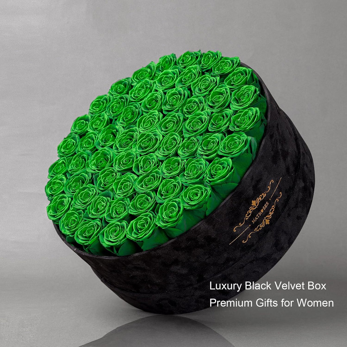 Gifts for Women – NATROSES 60 Preserved Roses in Luxury Black Velvet Box, Preserved Flowers for Delivery Gift for Her, Elegant Rose for Birthday, Mother’s Day, Christmas (Forest Green)